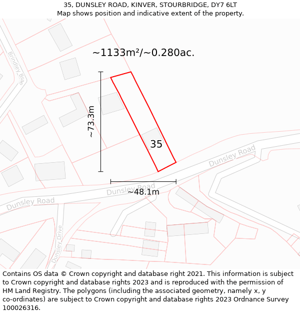 35, DUNSLEY ROAD, KINVER, STOURBRIDGE, DY7 6LT: Plot and title map