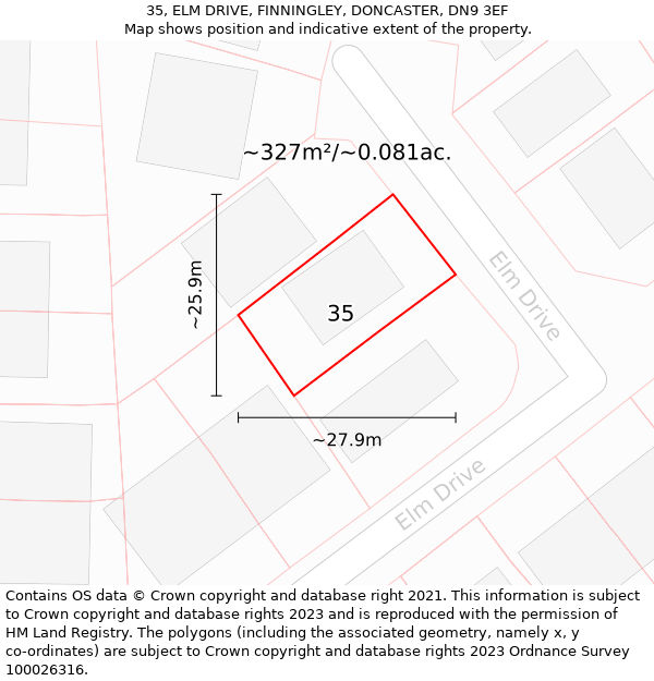 35, ELM DRIVE, FINNINGLEY, DONCASTER, DN9 3EF: Plot and title map