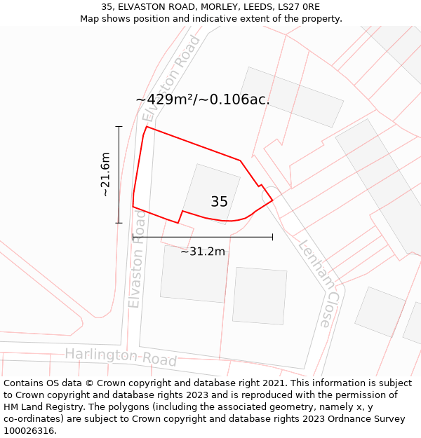 35, ELVASTON ROAD, MORLEY, LEEDS, LS27 0RE: Plot and title map