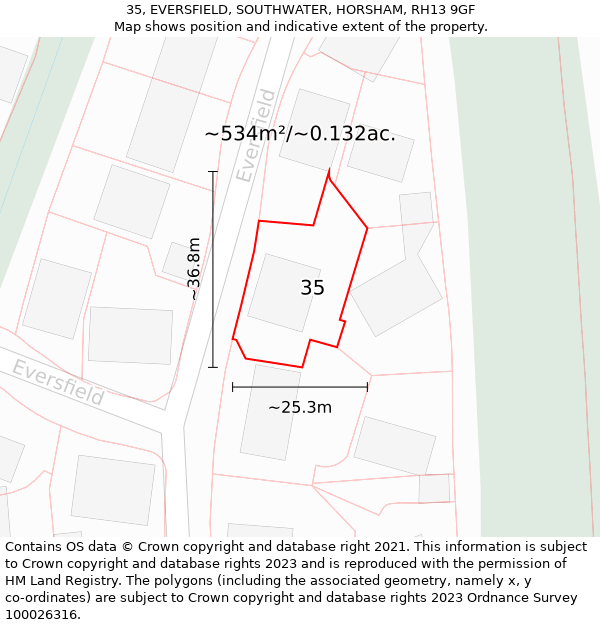 35, EVERSFIELD, SOUTHWATER, HORSHAM, RH13 9GF: Plot and title map