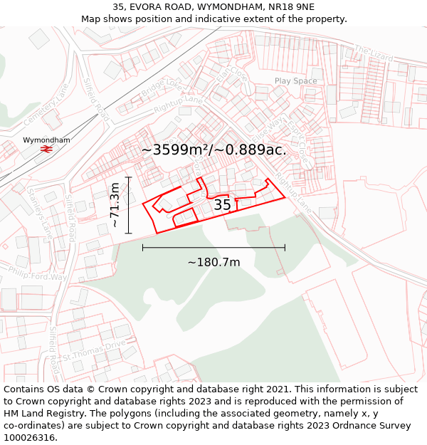 35, EVORA ROAD, WYMONDHAM, NR18 9NE: Plot and title map