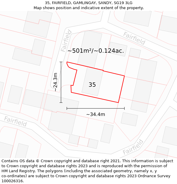 35, FAIRFIELD, GAMLINGAY, SANDY, SG19 3LG: Plot and title map