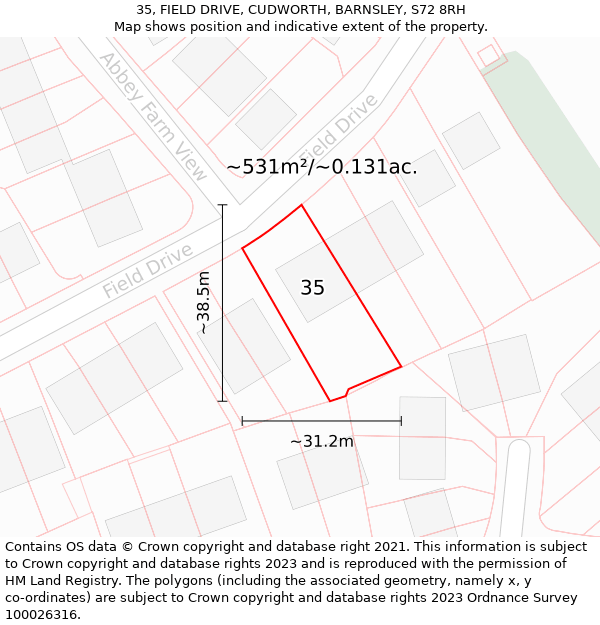 35, FIELD DRIVE, CUDWORTH, BARNSLEY, S72 8RH: Plot and title map