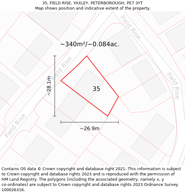 35, FIELD RISE, YAXLEY, PETERBOROUGH, PE7 3YT: Plot and title map