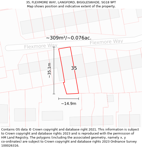 35, FLEXMORE WAY, LANGFORD, BIGGLESWADE, SG18 9PT: Plot and title map