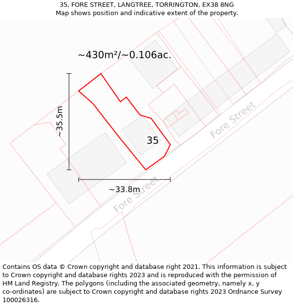 35, FORE STREET, LANGTREE, TORRINGTON, EX38 8NG: Plot and title map