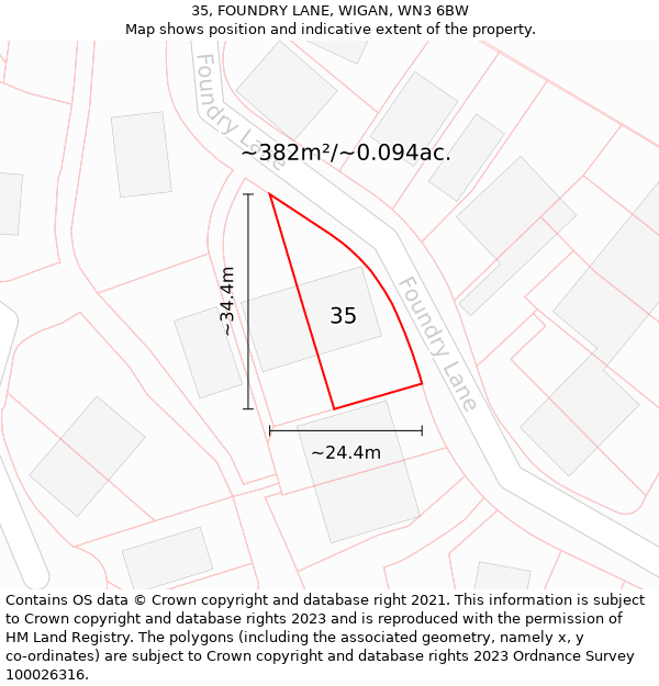 35, FOUNDRY LANE, WIGAN, WN3 6BW: Plot and title map