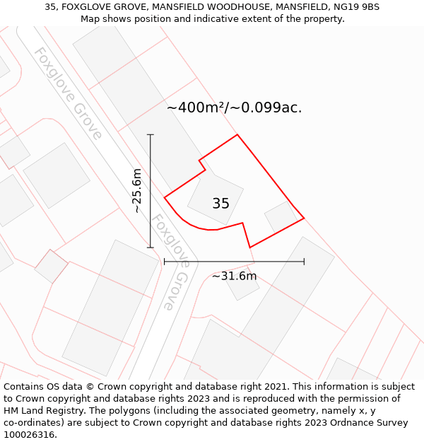 35, FOXGLOVE GROVE, MANSFIELD WOODHOUSE, MANSFIELD, NG19 9BS: Plot and title map