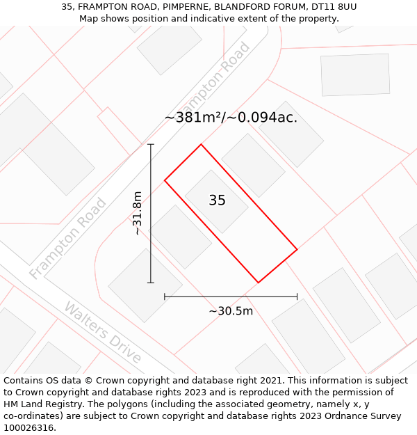 35, FRAMPTON ROAD, PIMPERNE, BLANDFORD FORUM, DT11 8UU: Plot and title map