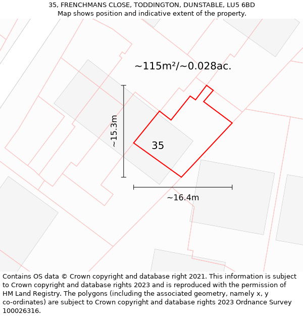 35, FRENCHMANS CLOSE, TODDINGTON, DUNSTABLE, LU5 6BD: Plot and title map