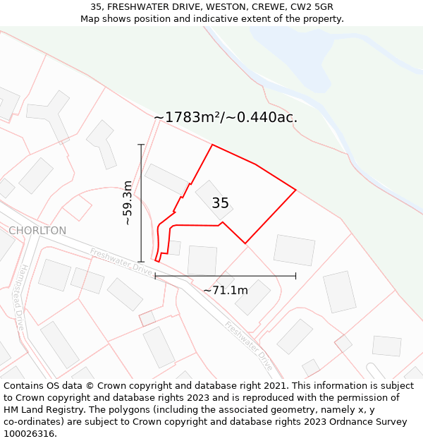 35, FRESHWATER DRIVE, WESTON, CREWE, CW2 5GR: Plot and title map