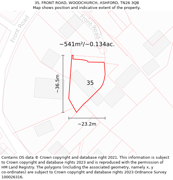 35, FRONT ROAD, WOODCHURCH, ASHFORD, TN26 3QB: Plot and title map