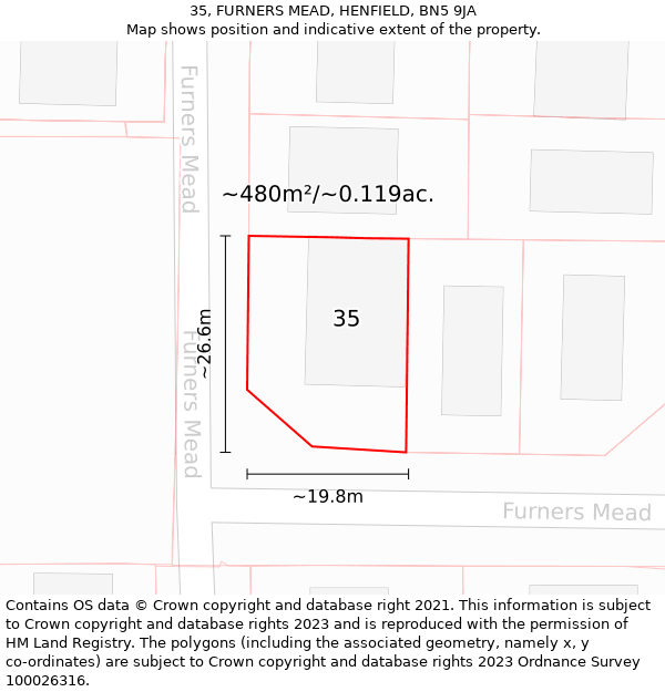 35, FURNERS MEAD, HENFIELD, BN5 9JA: Plot and title map