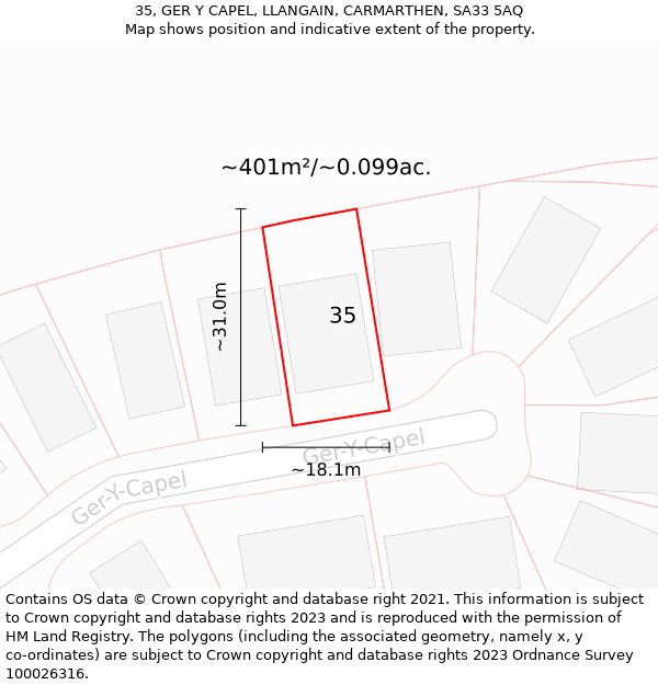 35, GER Y CAPEL, LLANGAIN, CARMARTHEN, SA33 5AQ: Plot and title map