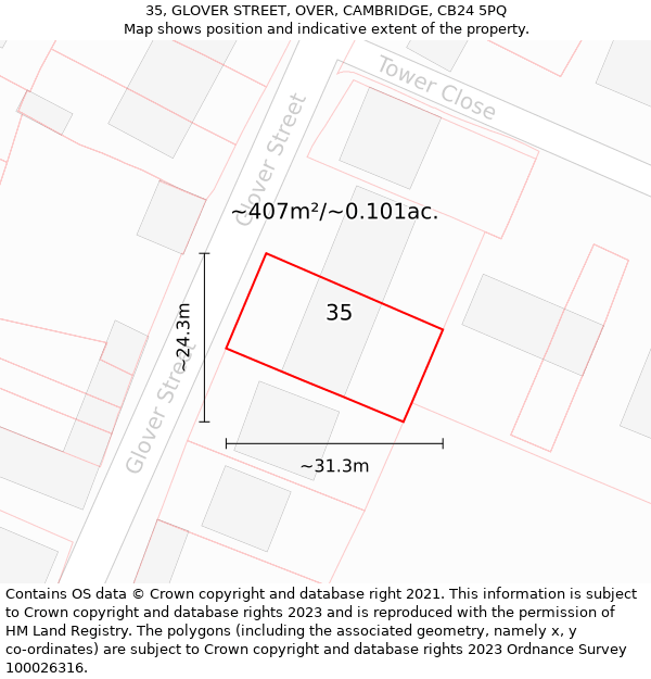 35, GLOVER STREET, OVER, CAMBRIDGE, CB24 5PQ: Plot and title map