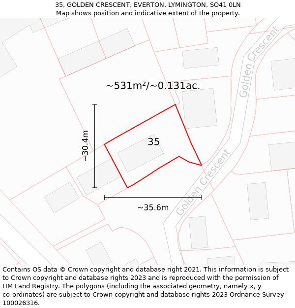 35, GOLDEN CRESCENT, EVERTON, LYMINGTON, SO41 0LN: Plot and title map