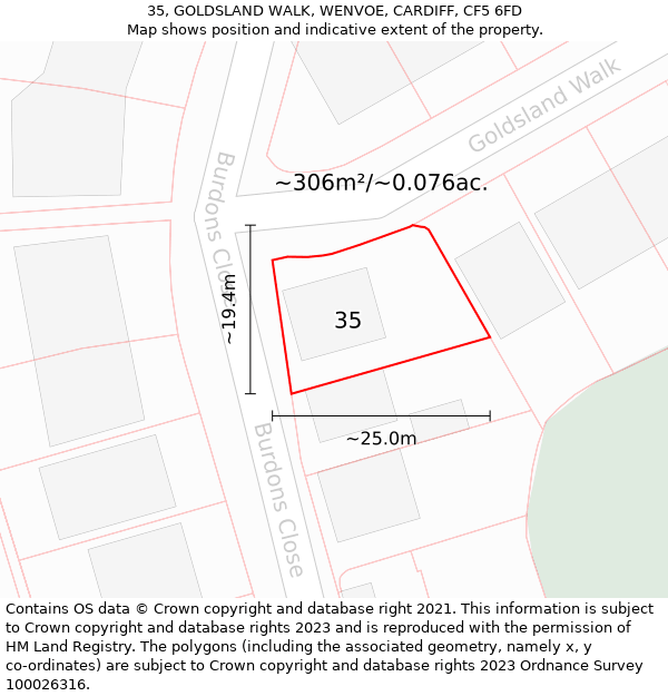 35, GOLDSLAND WALK, WENVOE, CARDIFF, CF5 6FD: Plot and title map