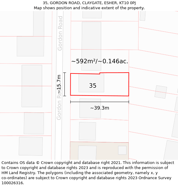 35, GORDON ROAD, CLAYGATE, ESHER, KT10 0PJ: Plot and title map