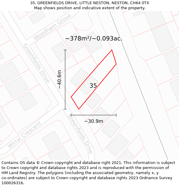 35, GREENFIELDS DRIVE, LITTLE NESTON, NESTON, CH64 0TX: Plot and title map