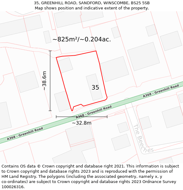 35, GREENHILL ROAD, SANDFORD, WINSCOMBE, BS25 5SB: Plot and title map