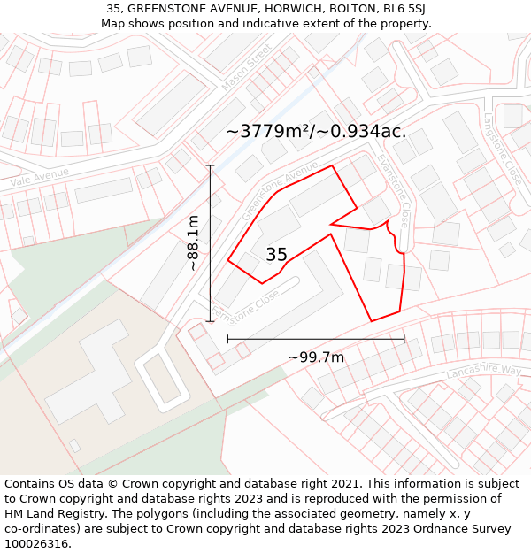 35, GREENSTONE AVENUE, HORWICH, BOLTON, BL6 5SJ: Plot and title map