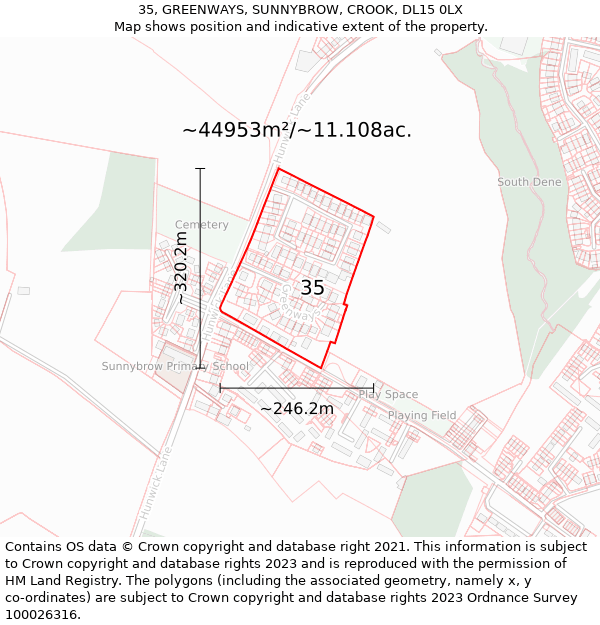 35, GREENWAYS, SUNNYBROW, CROOK, DL15 0LX: Plot and title map