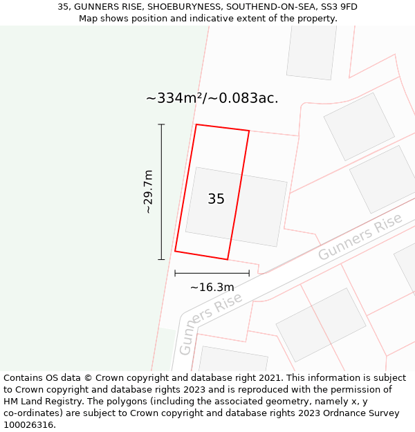 35, GUNNERS RISE, SHOEBURYNESS, SOUTHEND-ON-SEA, SS3 9FD: Plot and title map