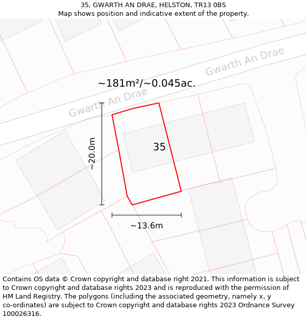 35, GWARTH AN DRAE, HELSTON, TR13 0BS: Plot and title map