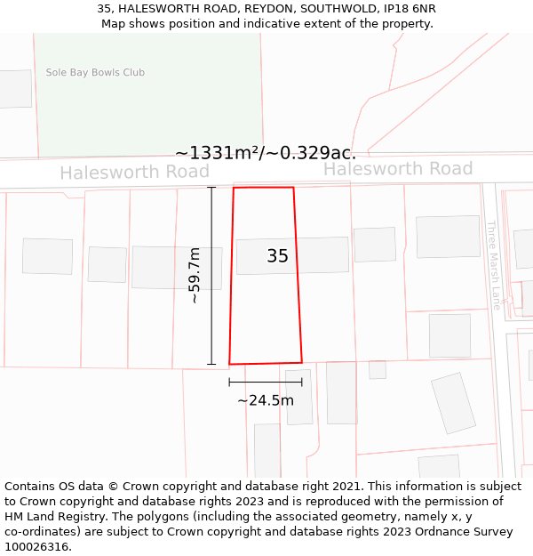 35, HALESWORTH ROAD, REYDON, SOUTHWOLD, IP18 6NR: Plot and title map