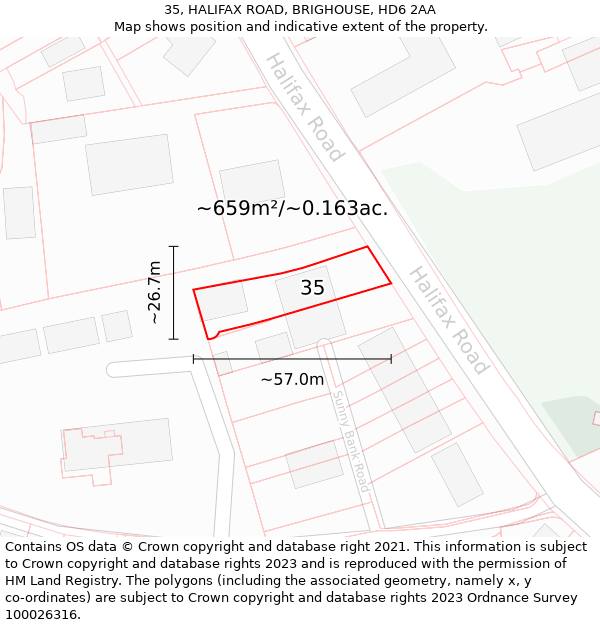 35, HALIFAX ROAD, BRIGHOUSE, HD6 2AA: Plot and title map