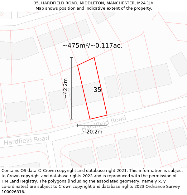 35, HARDFIELD ROAD, MIDDLETON, MANCHESTER, M24 1JA: Plot and title map