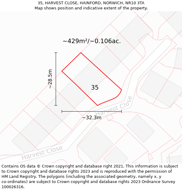 35, HARVEST CLOSE, HAINFORD, NORWICH, NR10 3TA: Plot and title map