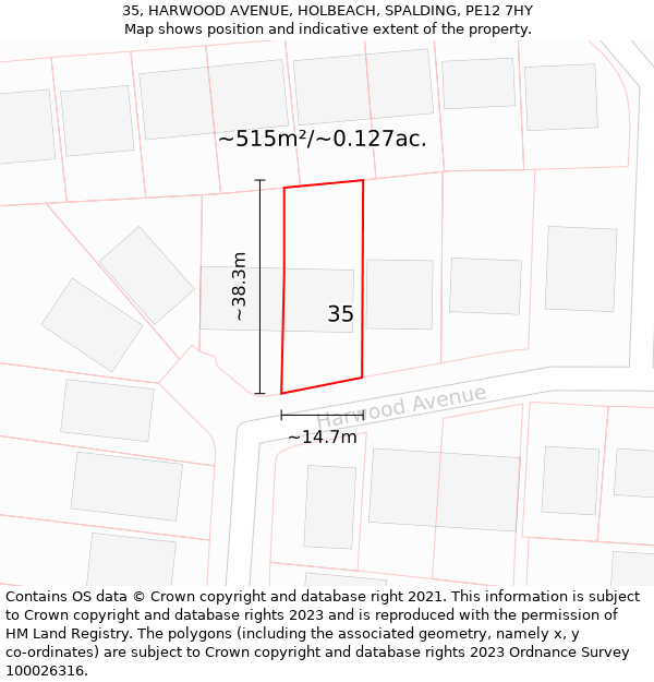 35, HARWOOD AVENUE, HOLBEACH, SPALDING, PE12 7HY: Plot and title map