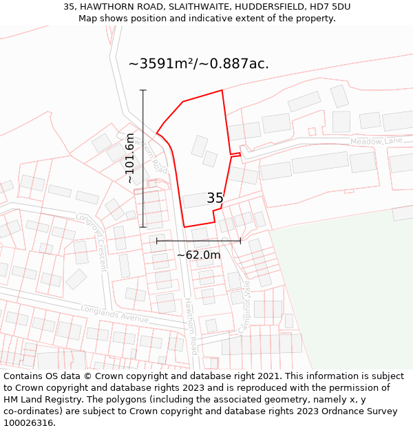 35, HAWTHORN ROAD, SLAITHWAITE, HUDDERSFIELD, HD7 5DU: Plot and title map