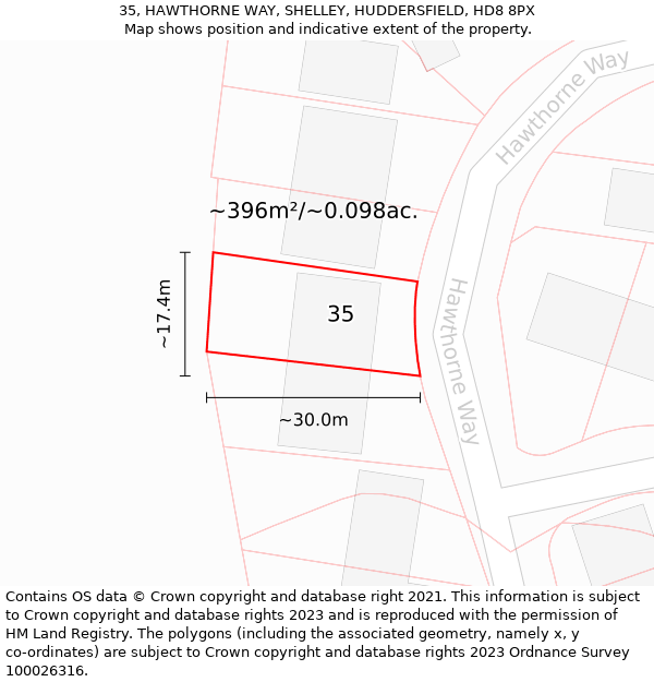 35, HAWTHORNE WAY, SHELLEY, HUDDERSFIELD, HD8 8PX: Plot and title map