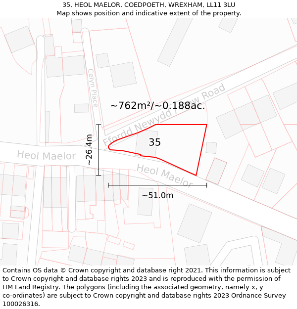 35, HEOL MAELOR, COEDPOETH, WREXHAM, LL11 3LU: Plot and title map