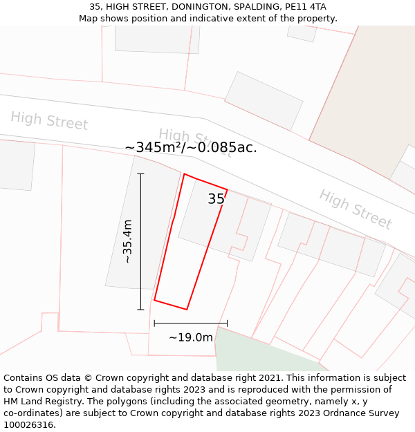 35, HIGH STREET, DONINGTON, SPALDING, PE11 4TA: Plot and title map