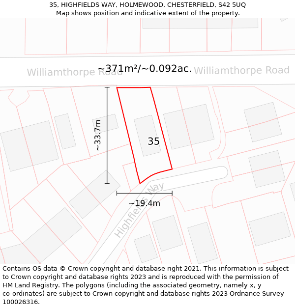 35, HIGHFIELDS WAY, HOLMEWOOD, CHESTERFIELD, S42 5UQ: Plot and title map