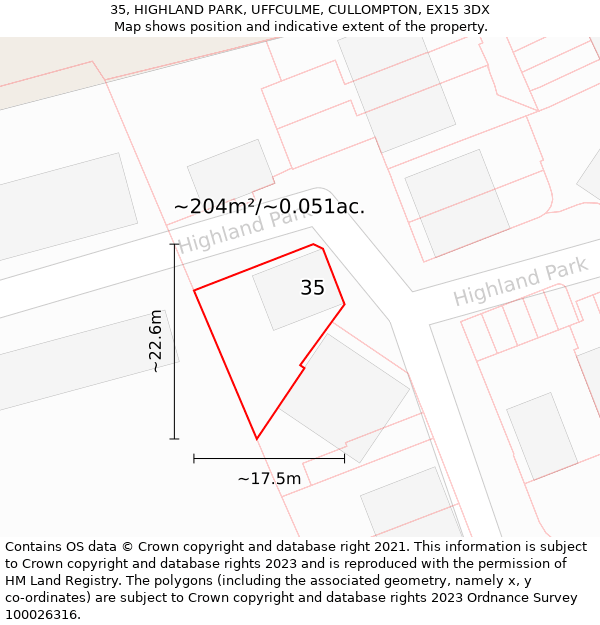 35, HIGHLAND PARK, UFFCULME, CULLOMPTON, EX15 3DX: Plot and title map