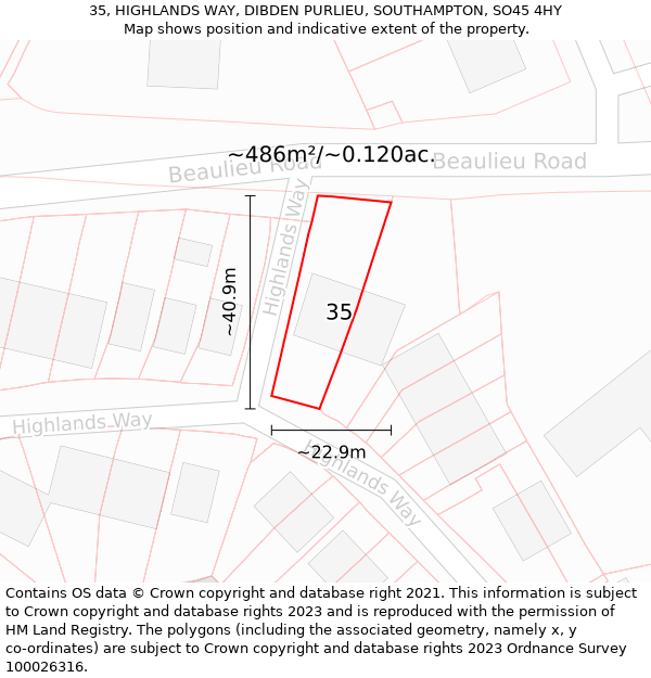 35, HIGHLANDS WAY, DIBDEN PURLIEU, SOUTHAMPTON, SO45 4HY: Plot and title map