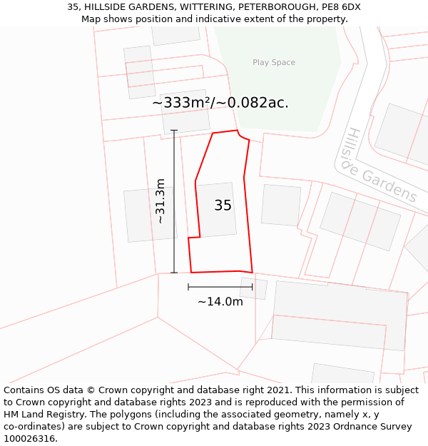 35, HILLSIDE GARDENS, WITTERING, PETERBOROUGH, PE8 6DX: Plot and title map