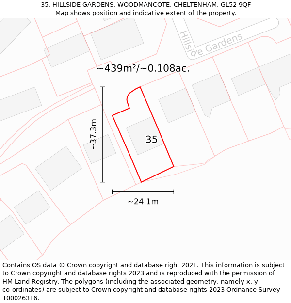 35, HILLSIDE GARDENS, WOODMANCOTE, CHELTENHAM, GL52 9QF: Plot and title map