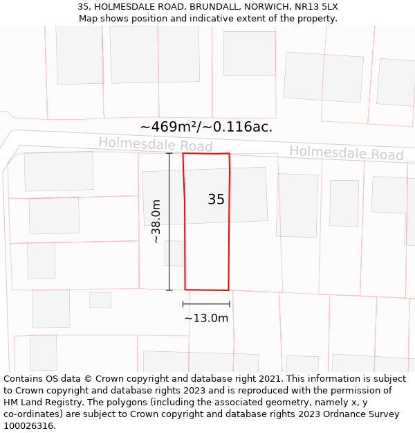 35, HOLMESDALE ROAD, BRUNDALL, NORWICH, NR13 5LX: Plot and title map