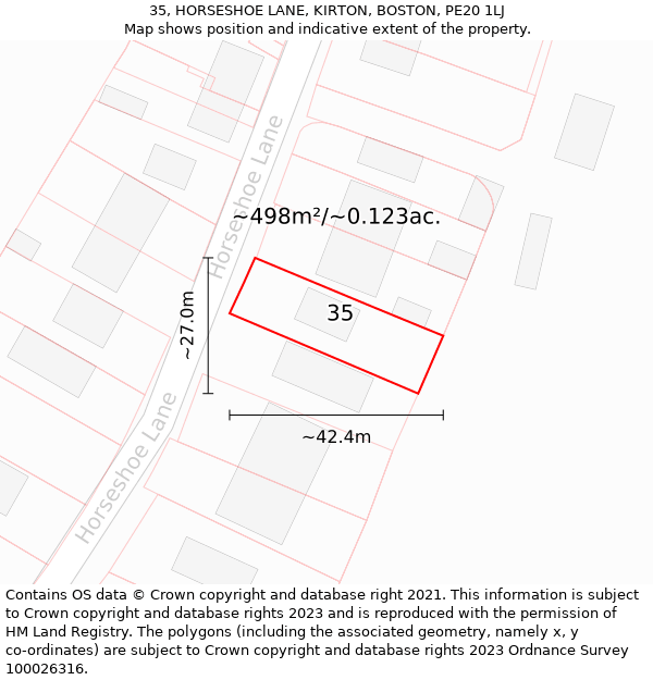 35, HORSESHOE LANE, KIRTON, BOSTON, PE20 1LJ: Plot and title map