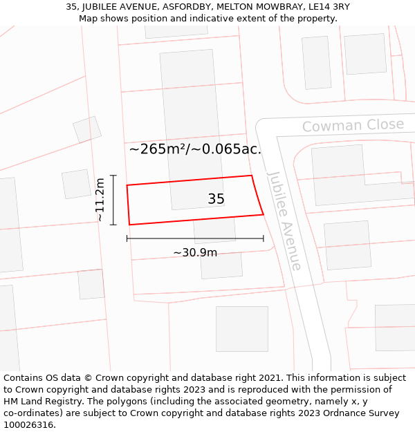 35, JUBILEE AVENUE, ASFORDBY, MELTON MOWBRAY, LE14 3RY: Plot and title map