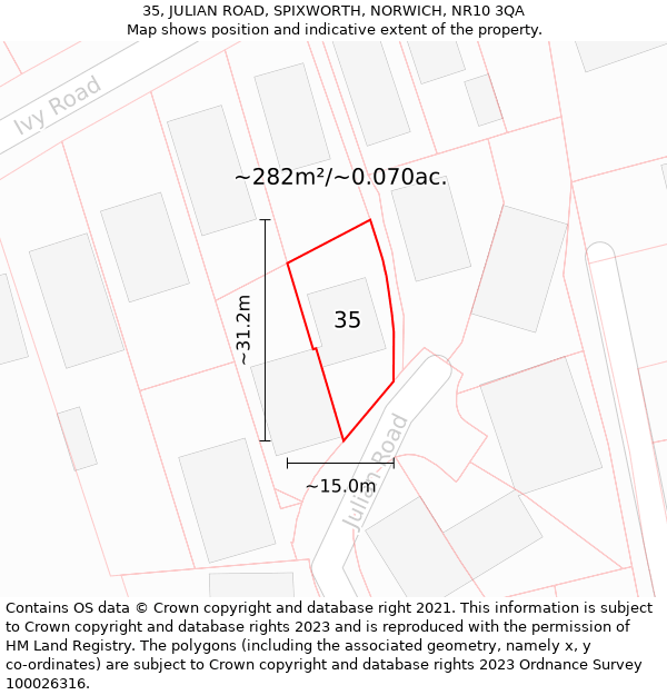 35, JULIAN ROAD, SPIXWORTH, NORWICH, NR10 3QA: Plot and title map