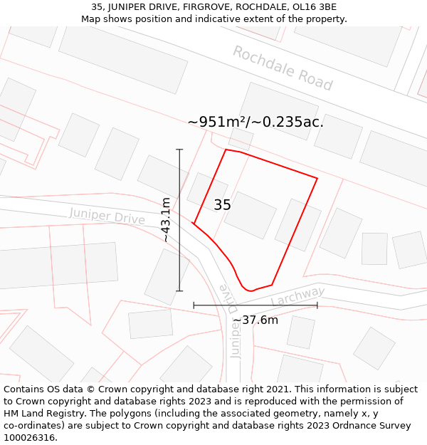 35, JUNIPER DRIVE, FIRGROVE, ROCHDALE, OL16 3BE: Plot and title map