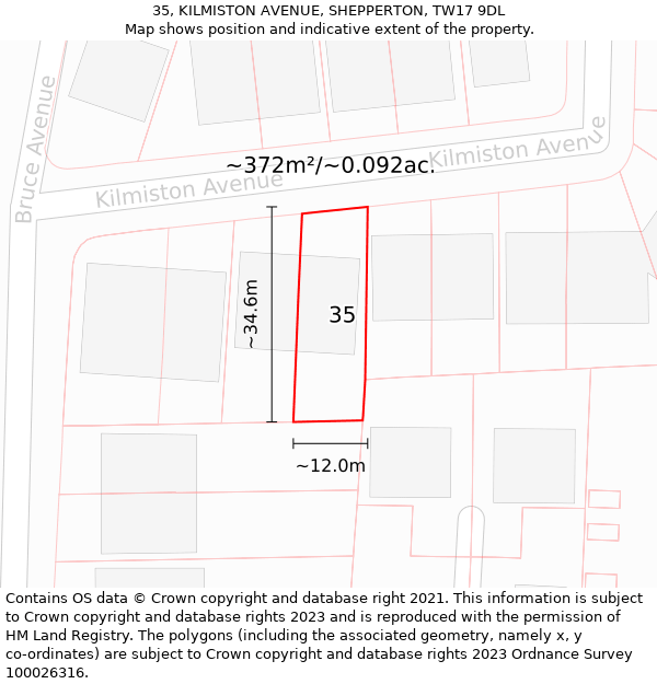 35, KILMISTON AVENUE, SHEPPERTON, TW17 9DL: Plot and title map