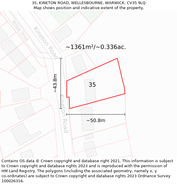 35, KINETON ROAD, WELLESBOURNE, WARWICK, CV35 9LQ: Plot and title map