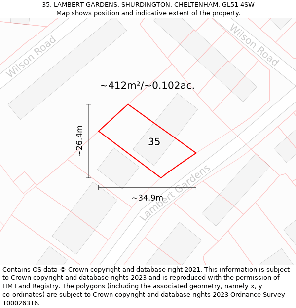 35, LAMBERT GARDENS, SHURDINGTON, CHELTENHAM, GL51 4SW: Plot and title map